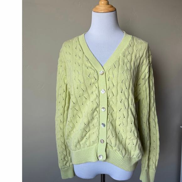 Light Green Cable Knit 100% Cotton Made in USA V Neck Cardigan- Size Large - Picture 2 of 7